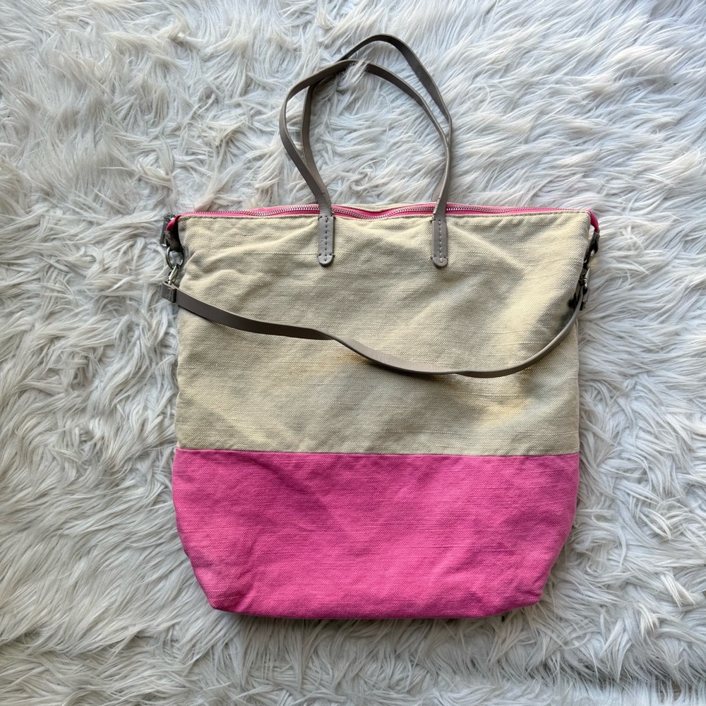 GAP jute canvas like zippered tote crossbody color block hot pink tan distress